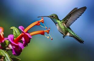 ai generiert Kolibri Vogel fliegend Nächster zu ein schön rot Blume mit Regen. ai generiert foto