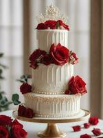 Weiß 3 abgestuft Hochzeit Kuchen mit rot Rosen foto