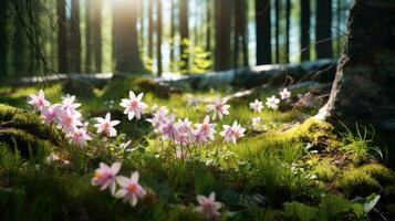 ai generiert Frühling Wald, Erwachen von Natur, zuerst Blumen foto