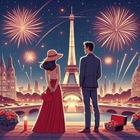 ai generiert ein romantisch Paar unter das Feuerwerk durch das Eiffel Turm foto