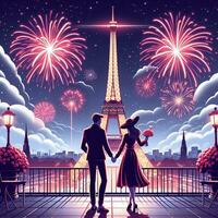 ai generiert ein romantisch Paar unter das Feuerwerk durch das Eiffel Turm foto