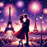 ai generiert ein romantisch Paar unter das Feuerwerk durch das Eiffel Turm foto