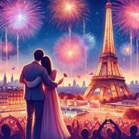 ai generiert ein romantisch Paar unter das Feuerwerk durch das Eiffel Turm foto