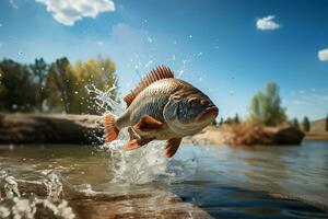 ai generiert Fisch Springen aus von Fluss mit Natur Aussicht im hell Tag foto