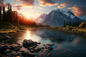 ai generiert schön Natur Landschaft mit Fluss und Berge beim Sonnenaufgang foto