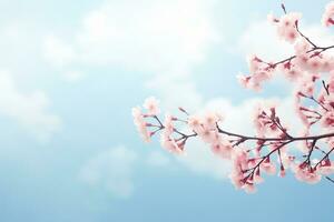 ai generiert blühen Kirsche gegen Hintergrund von Blau Himmel und Schmetterlinge auf Natur draußen. Rosa Sakura Blumen, verträumt romantisch Bild Frühling, Landschaft Panorama, Kopieren Raum foto