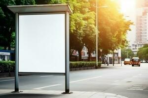 ai generiert leeren Weiß Plakatwand zum Attrappe, Lehrmodell, Simulation im Straße foto