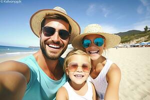 ai generiert glücklich Familie nehmen Selfie auf Strand in der Nähe von Meer. Sommer- Ferien foto