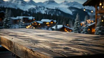 ai generiert ein realistisch Foto - - leeren dunkel hölzern Tabelle und Winter Blumen auf Es, abstrakt Winter verschwommen Hintergrund