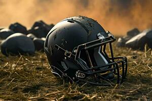 ai generiert amerikanisch Fußball Helm auf das Feld mit verschwommen Stadion Hintergrund ai generiert foto