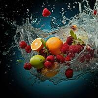ai generiert frisch Obst planschen in klar Wasser, frisch Früchte in klar Wasser Spritzen Hintergrund ai generiert foto