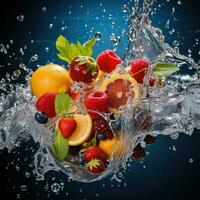 ai generiert frisch Obst planschen in klar Wasser, frisch Früchte in klar Wasser Spritzen Hintergrund ai generiert foto