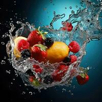 ai generiert frisch Obst planschen in klar Wasser, frisch Früchte in klar Wasser Spritzen Hintergrund ai generiert foto