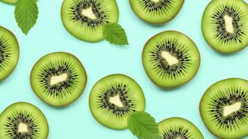 ai generiert Scheiben von Kiwi Obst und Grün Minze Blätter auf ein Licht Pastell- Blau Hintergrund. ai generiert foto