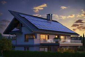 ai generiert modern Haus mit Blau Solar- Paneele auf das Dach. Ende von das Tag, Sonnenuntergang. ai generiert foto