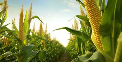 ai generiert Nahansicht Mais Kolben im Mais Plantage Feld. generativ ai foto