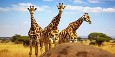 ai generiert Giraffen im das afrikanisch Savanne. Serengeti National Park. Afrika. Tansania. ai generiert foto