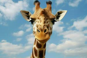 ai generiert Giraffe Gesicht unter Himmel. Giraffe ,lustig Gesicht ai generiert foto