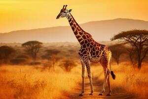 ai generiert Giraffe Gehen über das afrikanisch Savanne ai generiert foto