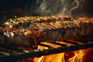 ai generiert Fleisch Grillen auf ein Holzkohle Grill mit Rauch steigend. ai generiert foto