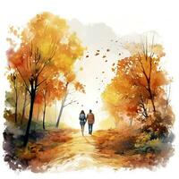 ai generiert Aquarell Herbst Landschaft mit ein Paar gehen. ai generiert foto