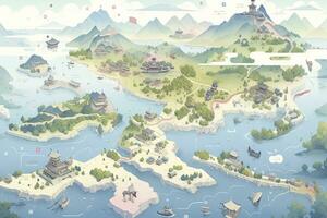 ai generiert Chinesisch Landschaft Karte, entfernt Berge, klar Flüsse, uralt Gebäude, Schiffe, Vögel, Wolken und Nebel, brillant Licht, ai generativ foto