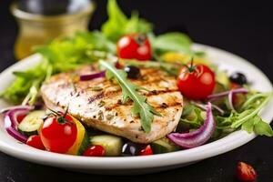 ai generiert gegrillt Hähnchen Brust mit Tomaten, rot Pfeffer, organisch Grün und kalamata Oliven. ai generiert foto