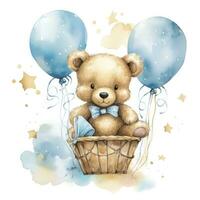 ai generiert ein Aquarell Baby Teddy Bär ist Sitzung im das Korb mit Blau und Gold Luftballons. ai generiert foto