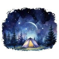 ai generiert ein Camping Zelt im das Wald mit Nacht Himmel, Aquarell zum T-Shirt Design. ai generiert foto