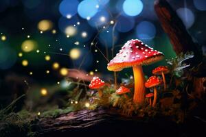 ai generiert Fantasie Pilz mit Bokeh Licht im das Wald beim Nacht 3d Illustration von abstrakt Hintergrund ai generiert foto