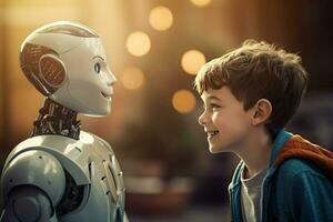 ai generiert lächelnd Junge reden mit das ai Roboter ai generiert foto