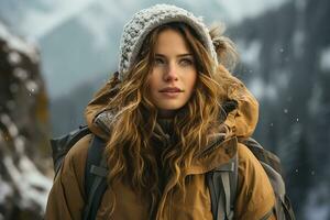 ai generiert Frau erkunden das Berge um Innsbruck, Winter Jahreszeit foto
