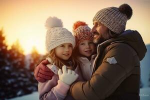ai generiert Vater mit zwei Kinder Töchter sind haben Spaß und spielen auf schneebedeckt Winter gehen im Natur foto