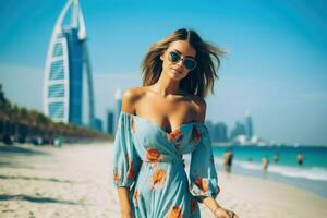 ai generiert schön jung Frau ist Gehen auf das Strand im Dubai ai generiert foto