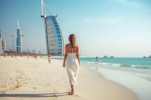 ai generiert schön jung Frau ist Gehen auf das Strand im Dubai ai generiert foto