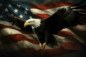 ai generiert kahl Adler fliegend mit das amerikanisch Flagge ai generiert foto