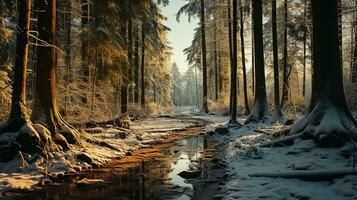 ai generiert Winter Hintergrund von Schnee und Frost mit Landschaft foto