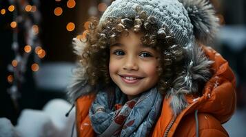 ai generiert ein süß Baby Mädchen tragen ein Winter Mantel genießt das Winter Wetter foto