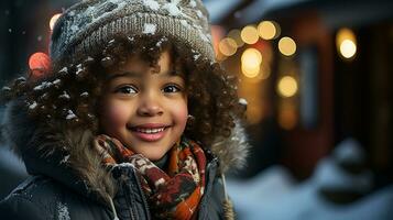 ai generiert ein süß Baby Mädchen tragen ein Winter Mantel genießt das Winter Wetter foto