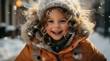 ai generiert ein süß Baby Mädchen tragen ein Winter Mantel genießt das Winter Wetter foto