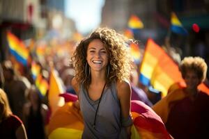 ai generiert bunt Porträt von ein lächelnd Frau beim ein lgtbi Rechte Demonstration. gleich Konzept. foto