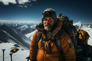 ai generiert männlich Bergsteiger im warm Sportbekleidung und Sonnenbrille Stehen auf schneebedeckt Berg auf sonnig Tag während suchen beim Kamera foto