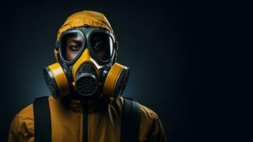ai generiert Nahansicht Porträt von schwarz Mann im ein Gas Maske auf ein dunkel Hintergrund. foto