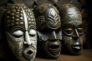 ai generiert Stammes- hölzern afrikanisch Masken. generieren ai foto