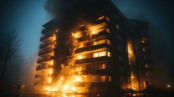 ai generiert ein Feuer im ein groß Gebäude im das Stadt. foto