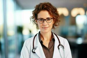 ai generiert ein Frau im ein Arzt Mantel und Brille foto