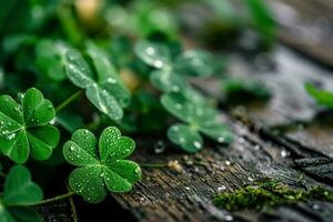 ai generiert Grün Kleeblatt Blätter mit Wasser Tropfen auf hölzern Hintergrund. st. Patrick's Tag Konzept foto