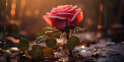 ai generiert schön Rose mit Regen und Fluss Fotografie. foto