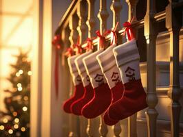 ai generiert Socke Weihnachten Dekorationen auf Treppe Geländer. generativ ai. foto