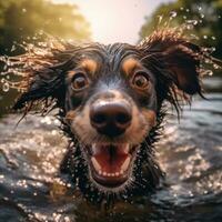 ai generiert ein glücklich Hund spielen im das Wasser foto